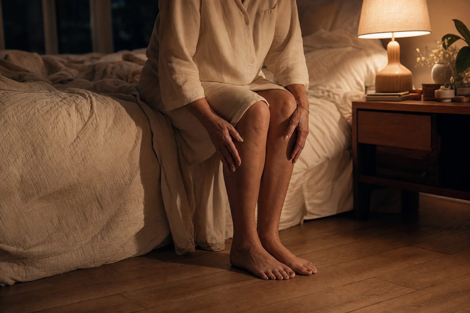 Older woman sitting on the edge of an unmade bed at night, bare feet on a wooden floor, soft warm bedside lamp glow