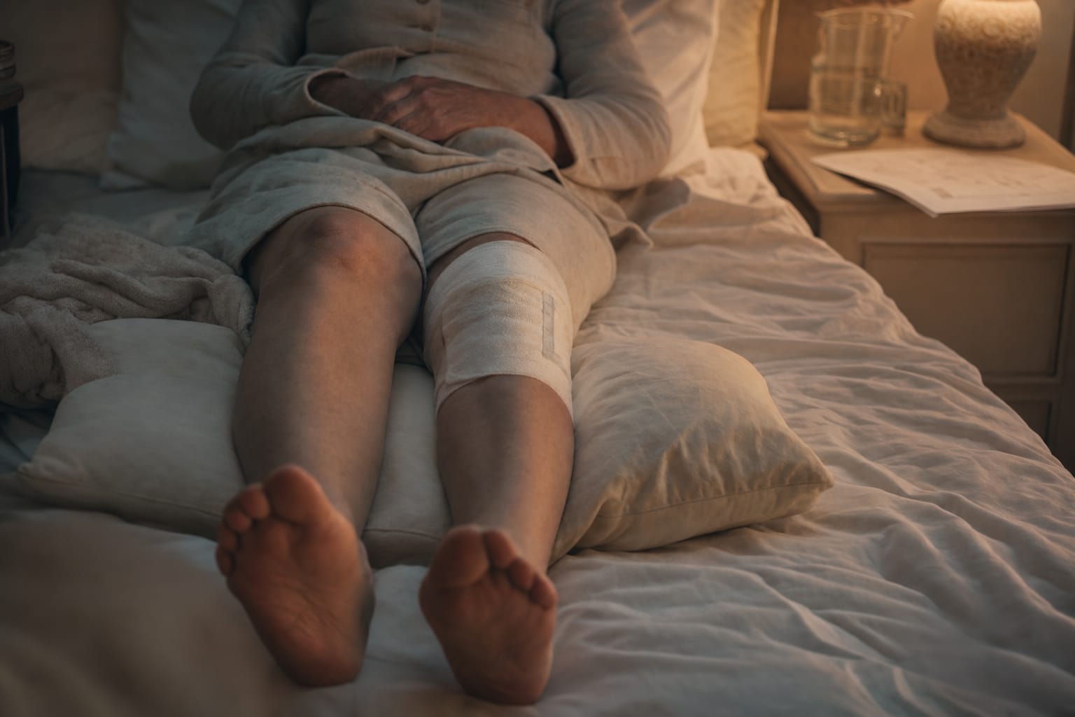 Woman resting during home recovery after knee surgery