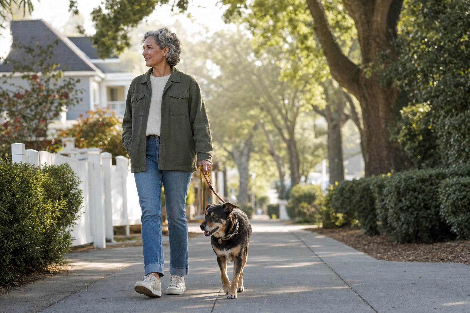 Woman walking a calm mixed breed dog on a quiet neighborhood sidewalk, morning light