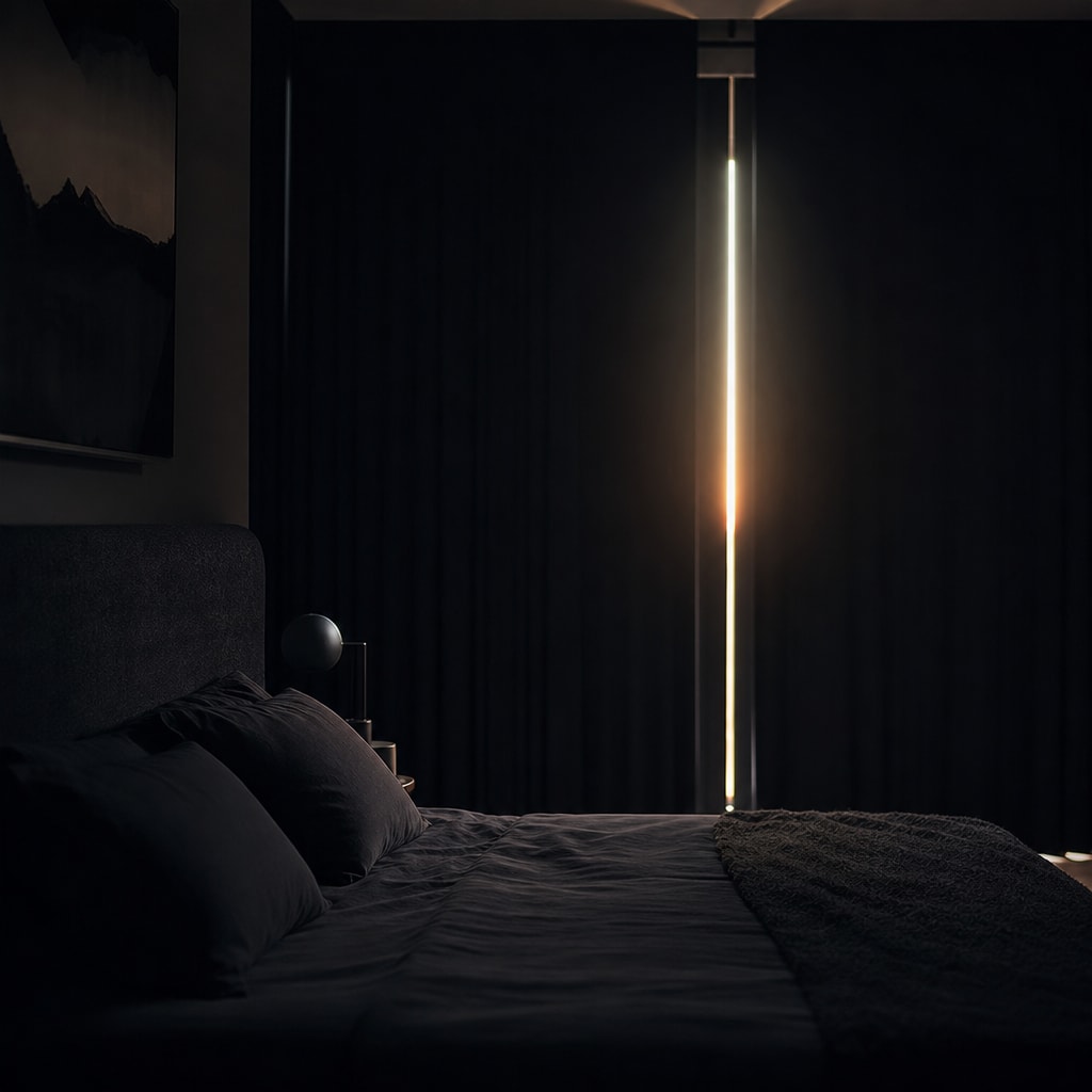 Blacked-out luxury bedroom with a sliver of dawn light