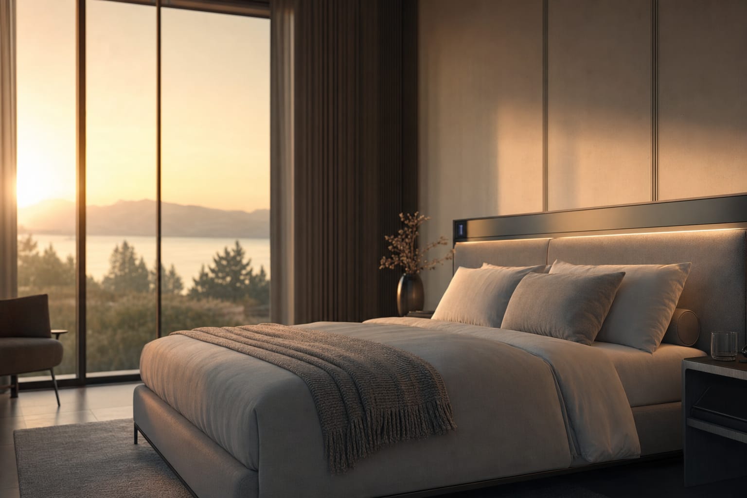 OrionSleep system in a calm minimalist bedroom at dawn