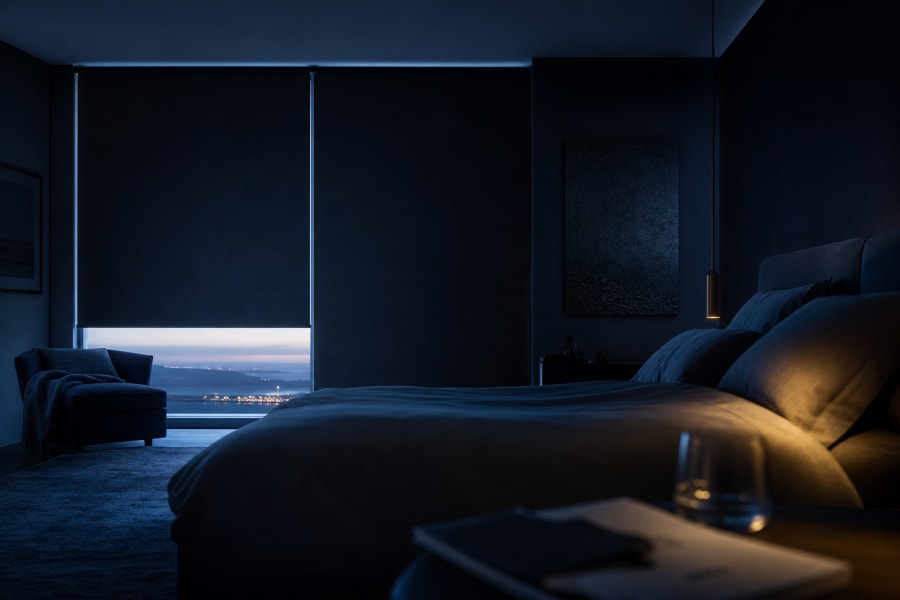 A quiet bedroom with curtains drawn at dawn