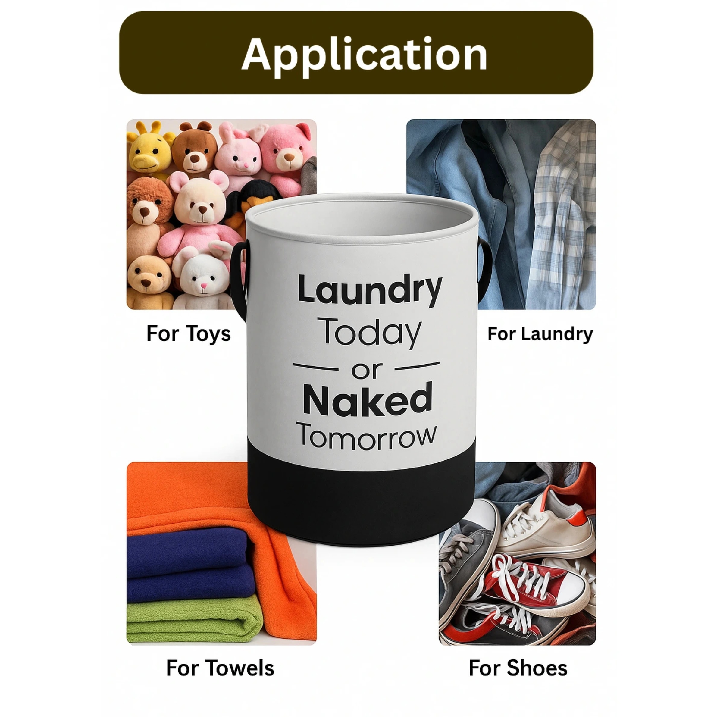 Collapsible Laundry Basket 45L – "Laundry Today or Naked Tomorrow" | Black & Grey Fabric Laundry Bag with Handles – Vekkera view 4