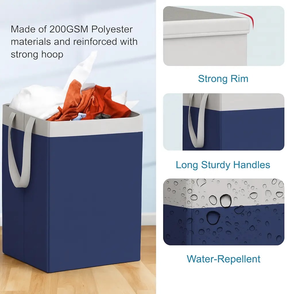 Vekkera Laundry Basket – Premium Foldable Fabric Laundry Basket with Lid & Handles, 68L Capacity (Navy Blue) view 2