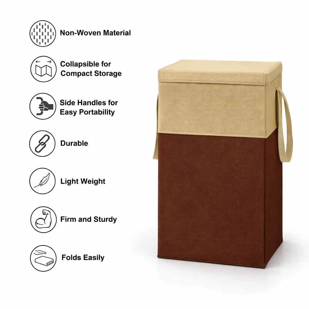 Vekkera Laundry Basket – Foldable Fabric Laundry Basket with Lid & Side Handles, 68L Capacity (Beige & Brown) view 3