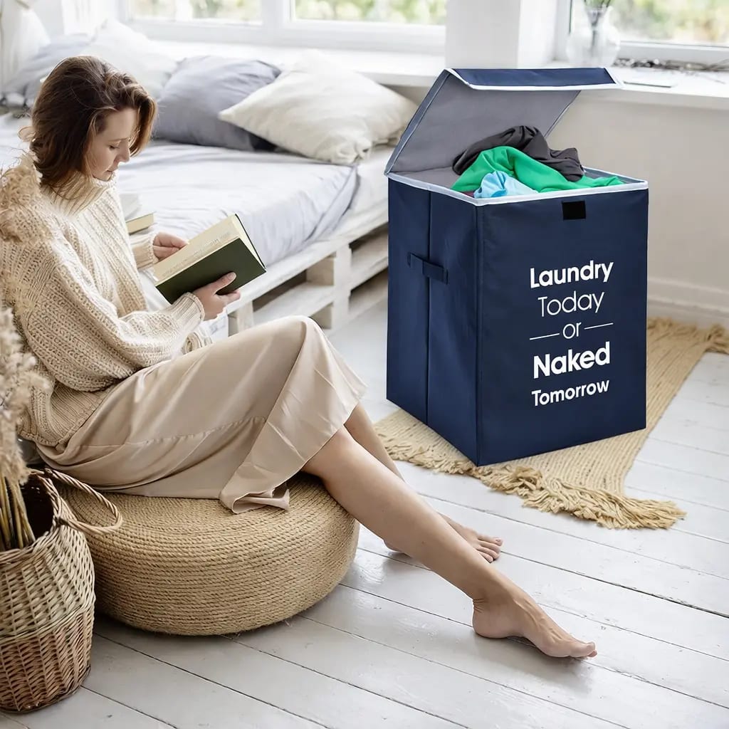 Vekkera Laundry Basket – Foldable Non-Woven Fabric Clothes Storage Bin, 68L Capacity (Blue) view 3