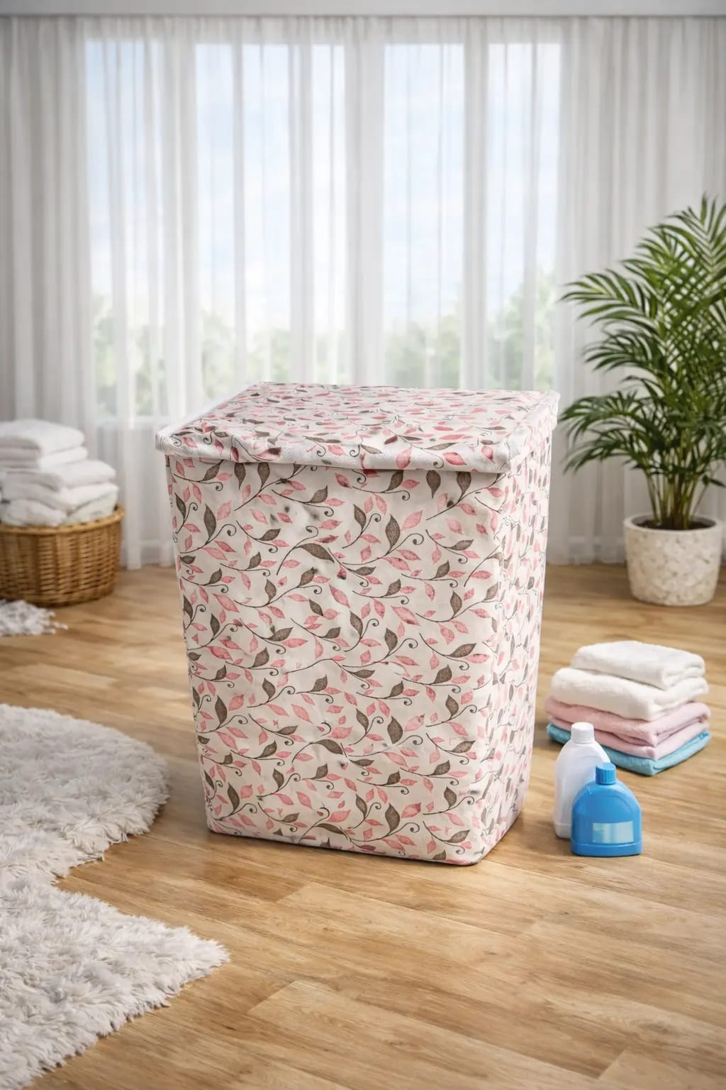Vekkera Laundry Basket – Pink Floral Foldable Laundry Storage Basket, 40L Capacity