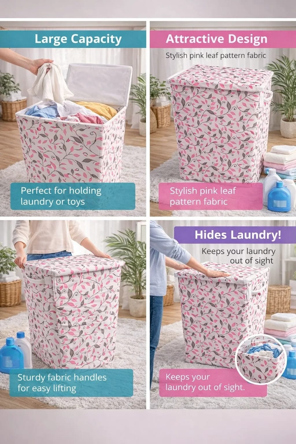 Elegant Pink Floral Foldable Laundry Basket – 40L