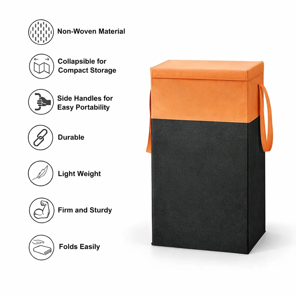 Vekkera Laundry Basket – Folding Laundry Basket with Handles, 68L Capacity, Multifunctional Clothes & Toy Storage Organiser (Black & Orange) view 2