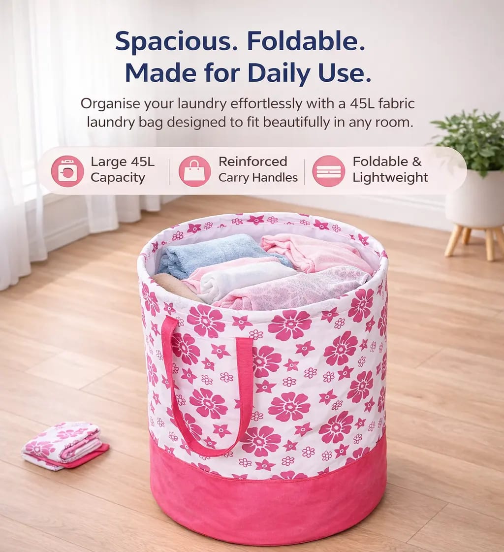 Vekkera Laundry Basket – 45L Foldable Laundry Basket with Floral Design, Durable Fabric Storage Basket view 3