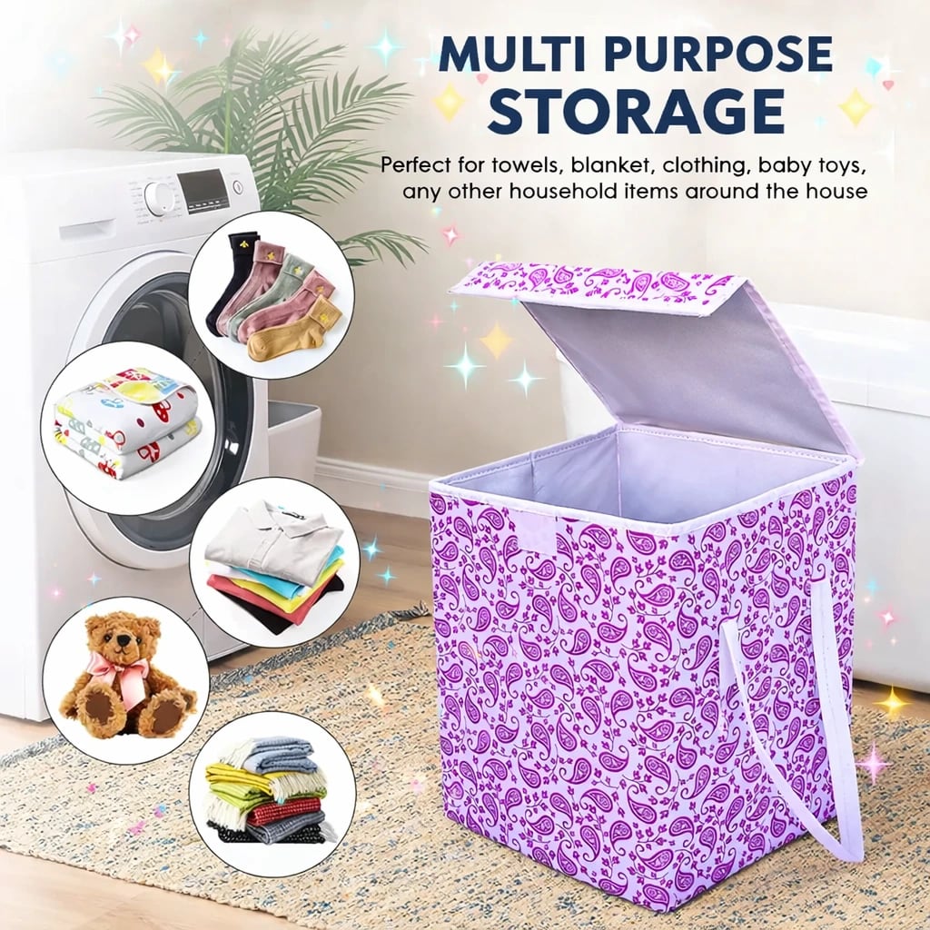 Vekkera Laundry Basket – Premium Foldable Fabric Storage Box with Lid & Handles, 40L Capacity (Blue Paisley Design) view 3