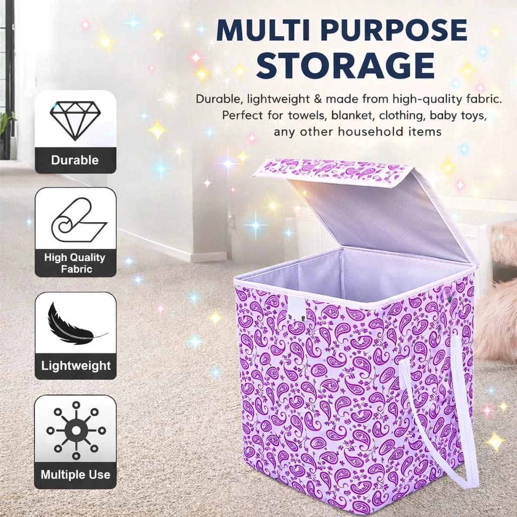 Vekkera Laundry Basket – Premium Foldable Fabric Storage Box with Lid & Handles, 40L Capacity (Blue Paisley Design) view 4
