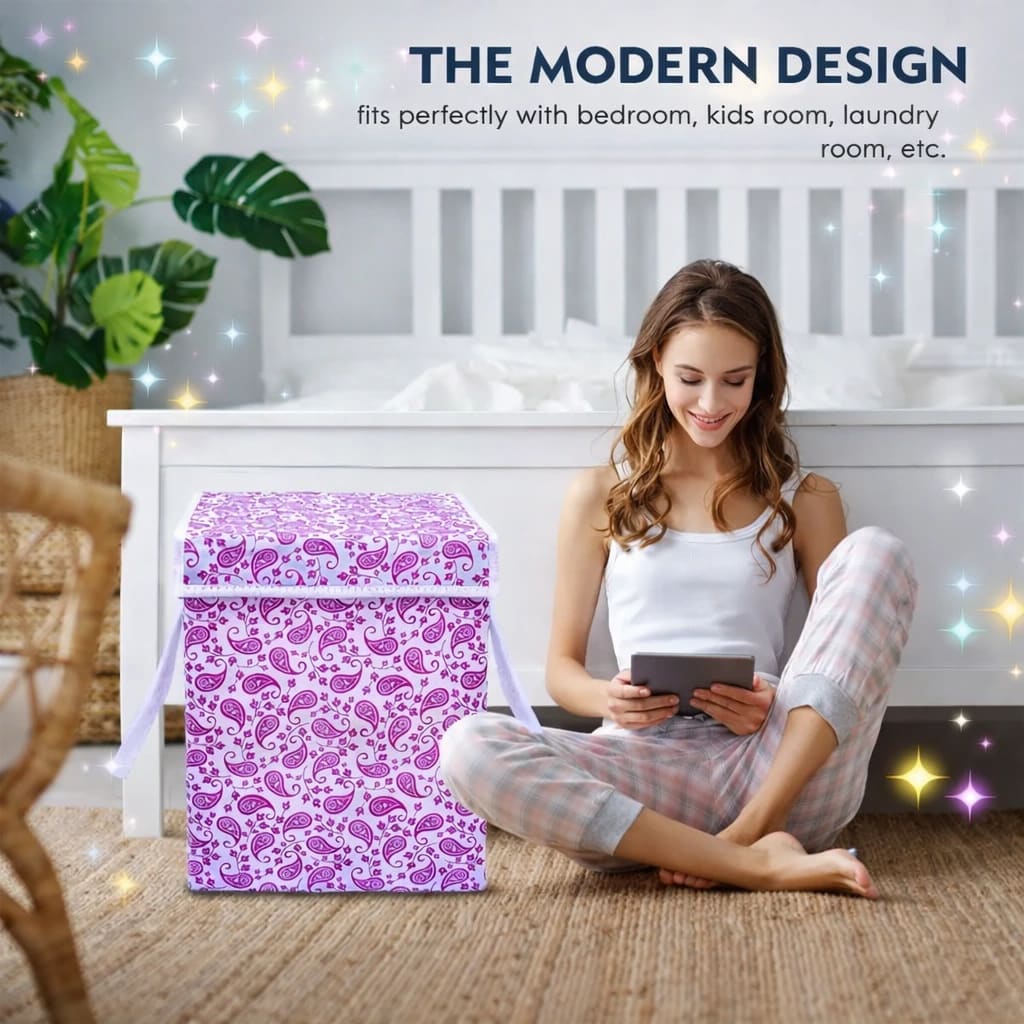 Vekkera Laundry Basket – Premium Foldable Fabric Storage Box with Lid & Handles, 40L Capacity (Blue Paisley Design) view 5