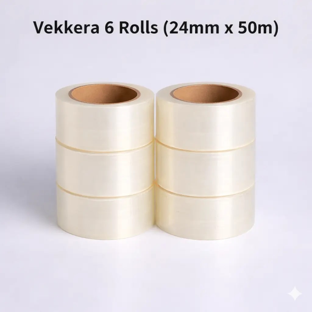 Vekkera Clear Packaging Tape – 24mm x 50m (Pack of 6) – Heavy-Duty Transparent Adhesive Tape for Shipping, Moving & Office Use