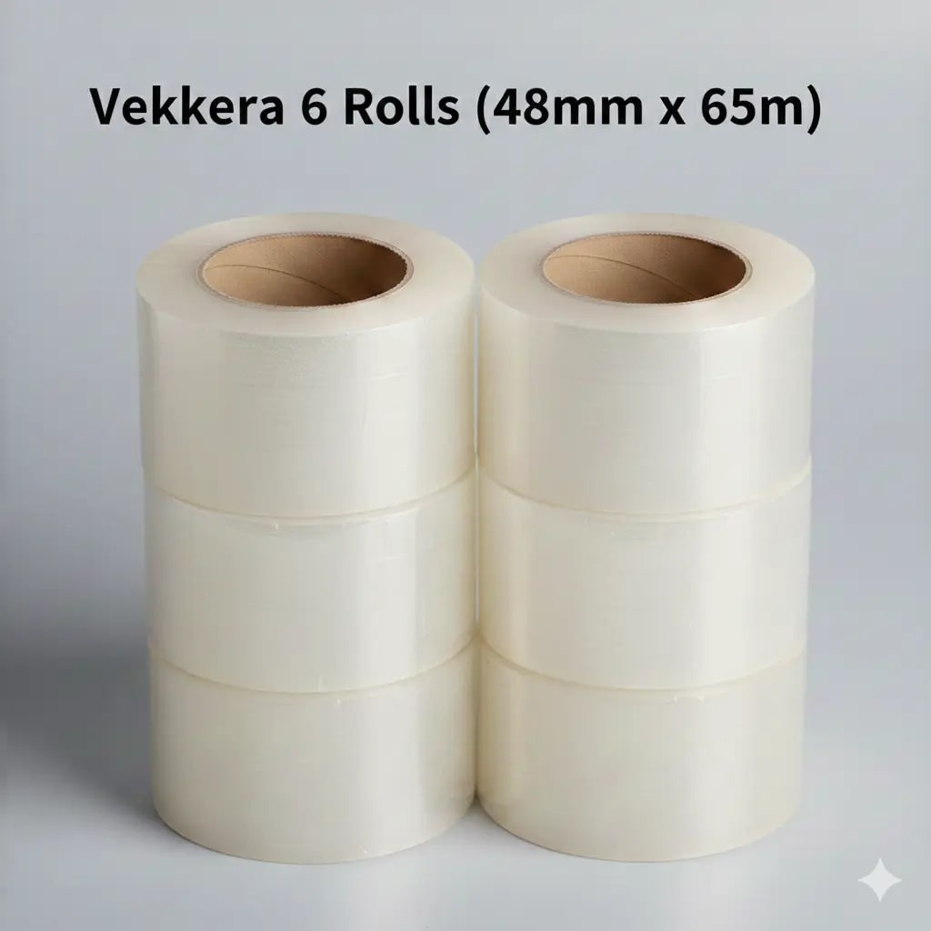 Vekkera Clear Packaging Tape β 48mm x 65m (Pack of 6) β Heavy-Duty Transparent Adhesive Tape for Shipping, Moving & Office Use