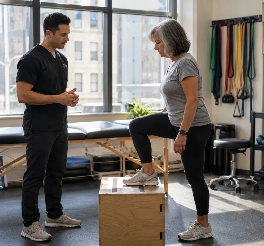 A PT of the City physical therapist coaching a patient through a step-up exercise