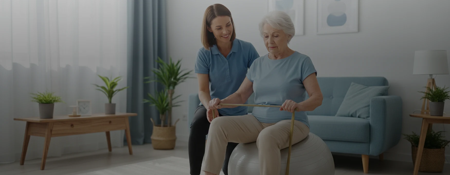 Physical therapist helping elderly woman with exercises