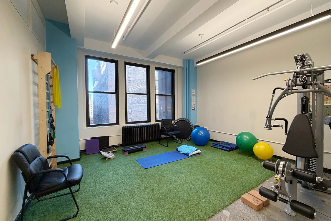 Balance rehabilitation room at PT of the City with exercise balls, step stools and stability training equipment
