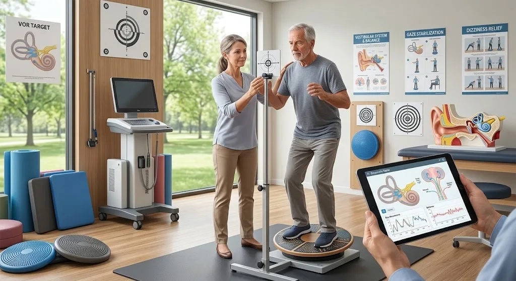 Physical therapist guiding a patient through balance training on a vestibular rehabilitation platform