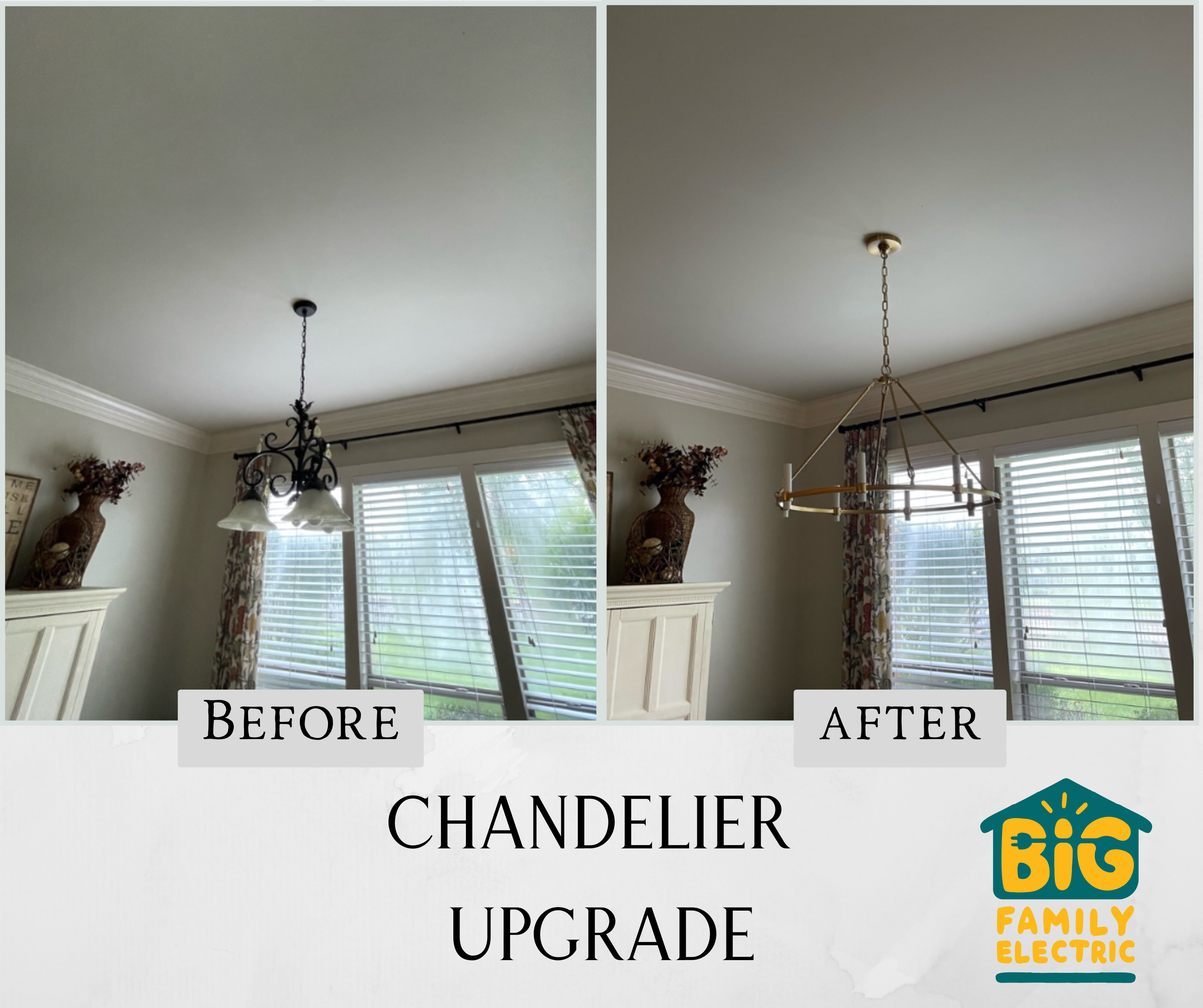 Experience unparalleled lighting transformation with Big Family Electric's chandelier upgrades - capturing elegance, style, and quality.
