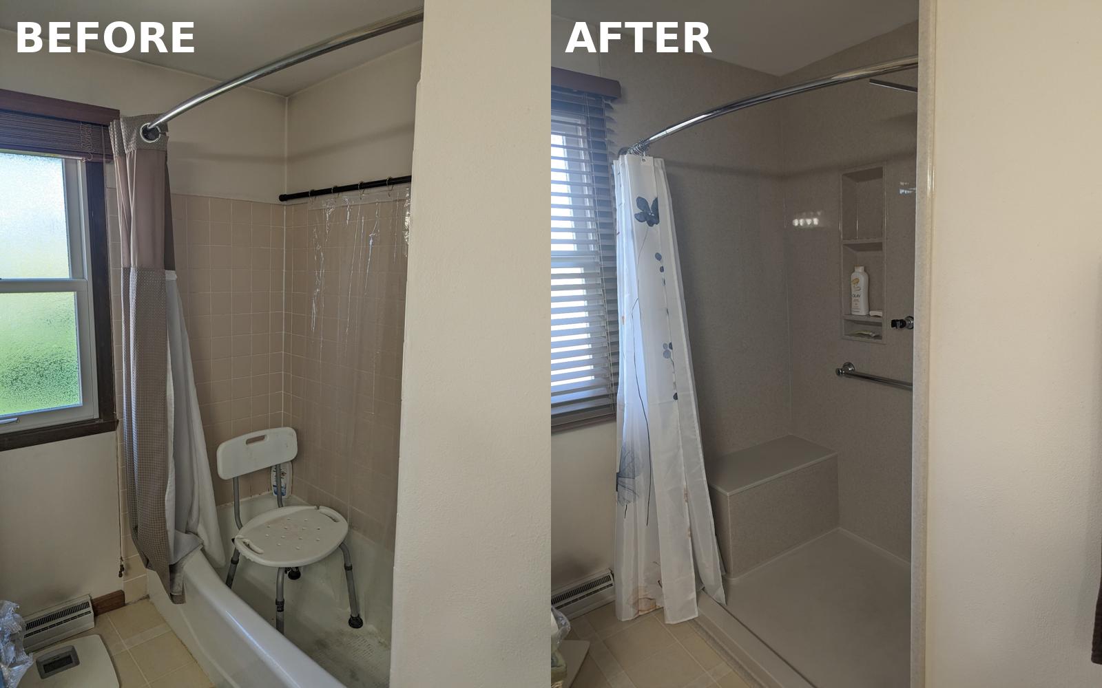 See how Tureks Plumbing Services transformed an outdated tub into a safe, modern walk-in shower with a built-in bench and grab bar.