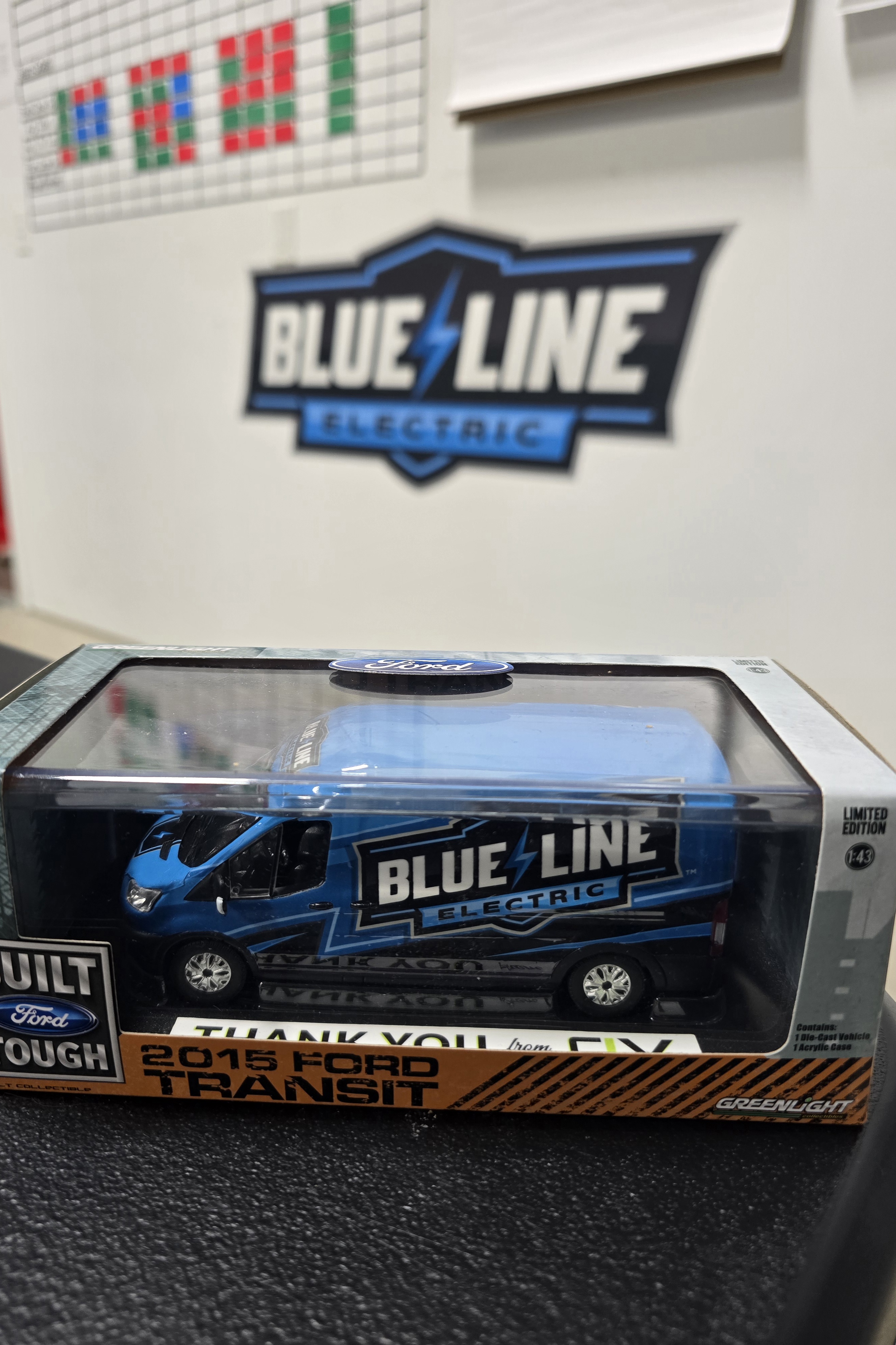 Showcasing precision and professionalism with Blue Line Electric's branded craftsmanship.
