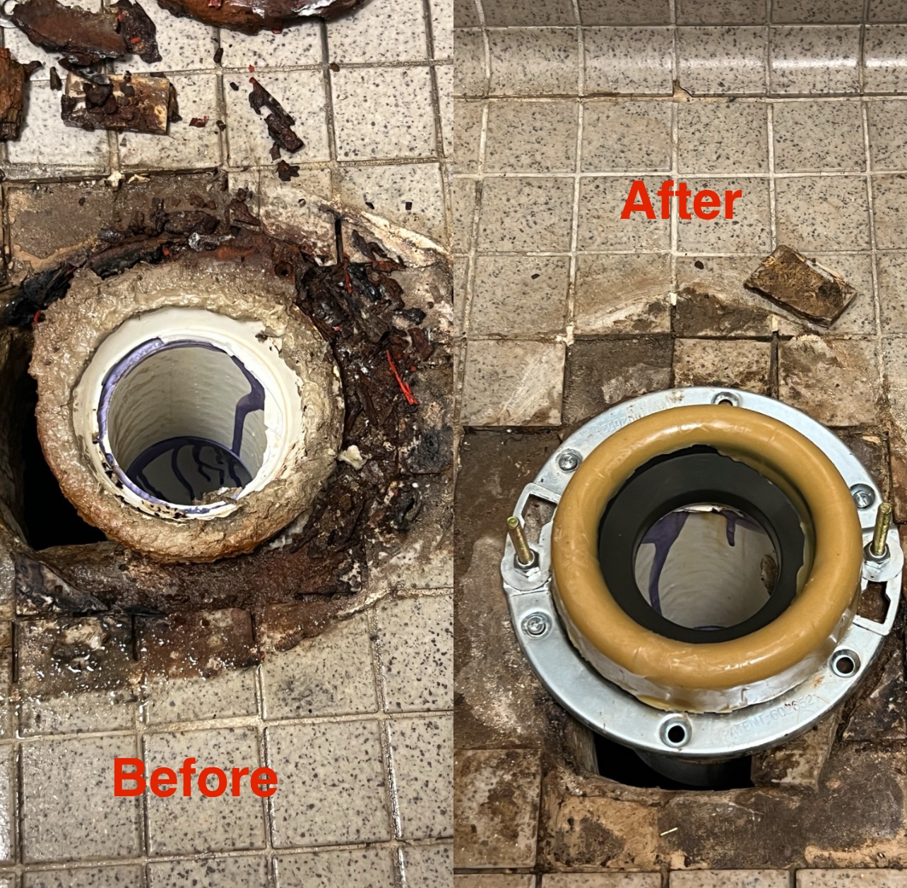 Visible in these before and after photos, Rise Plumbing Systems replaced a failing flange with a durable waxless assembly to restore reliable sealing and prevent future leaks.