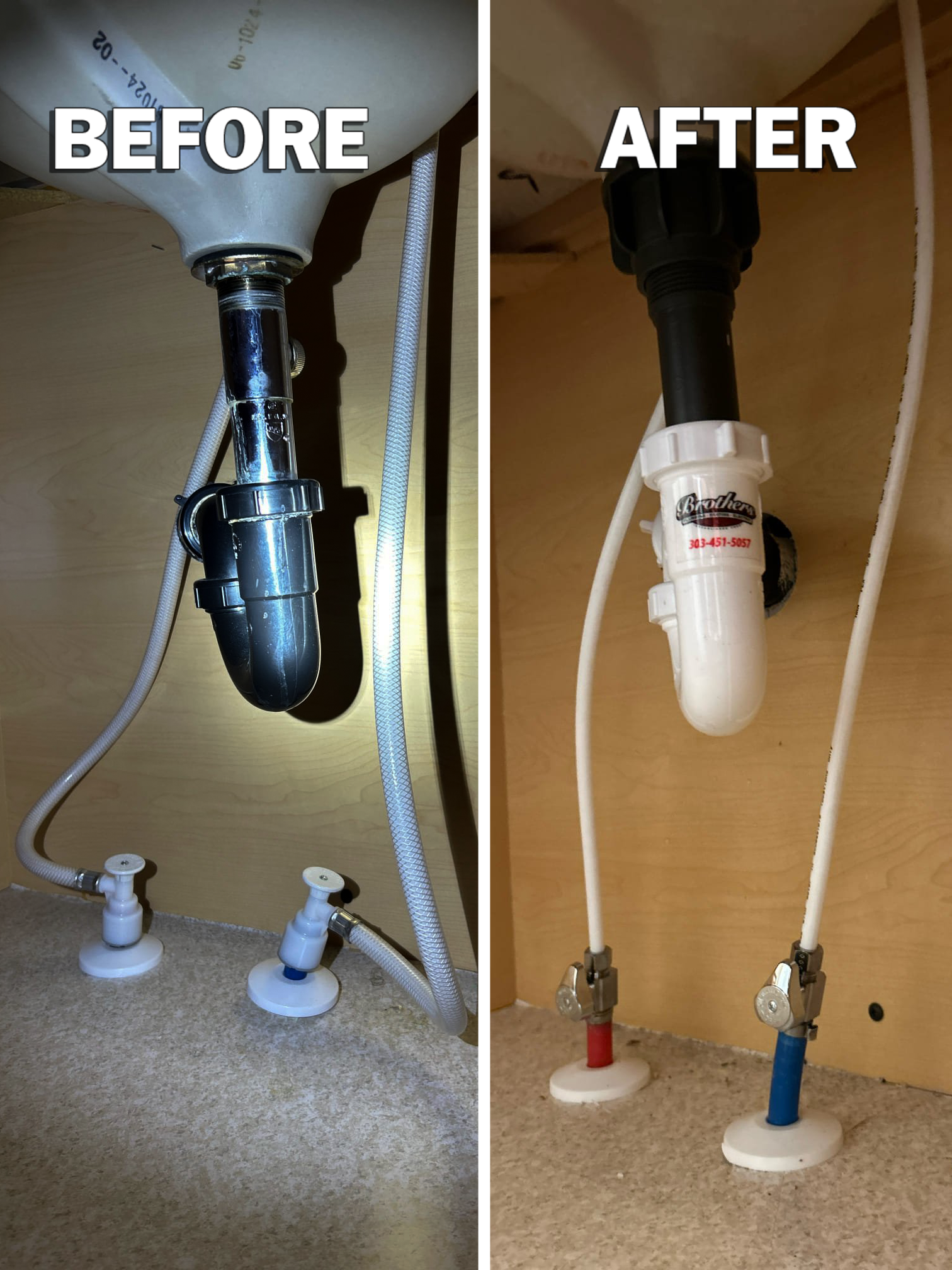 A quick under-sink upgrade shows Brothers Plumbing, Heating, and Electric - Denver replacing an old metal trap with a clean, reliable plastic assembly.