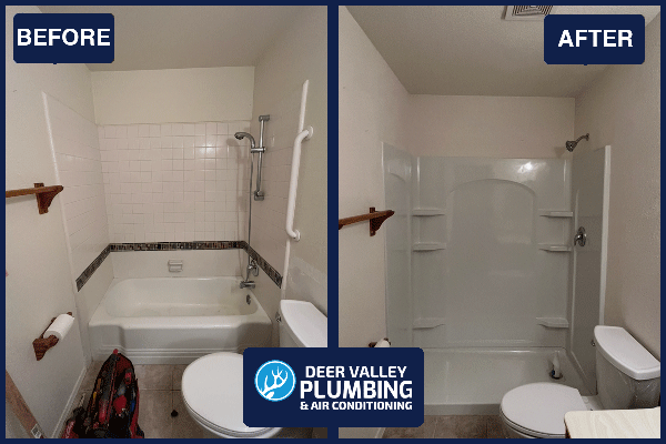 Transform your bathroom into a modern oasis with Deer Valley Plumbing & Air Conditioning's expert services, as shown in this dramatic before-and-after renovation.