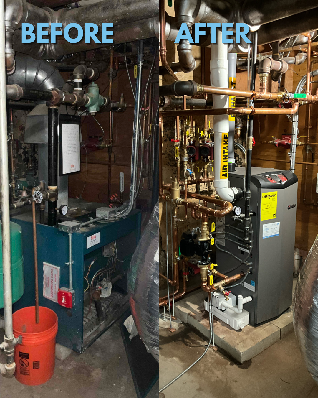 Akian Plumbing, Heating, Cooling & Electric transformed an outdated boiler into a reliable, efficient system with tidy copper piping and clear venting.