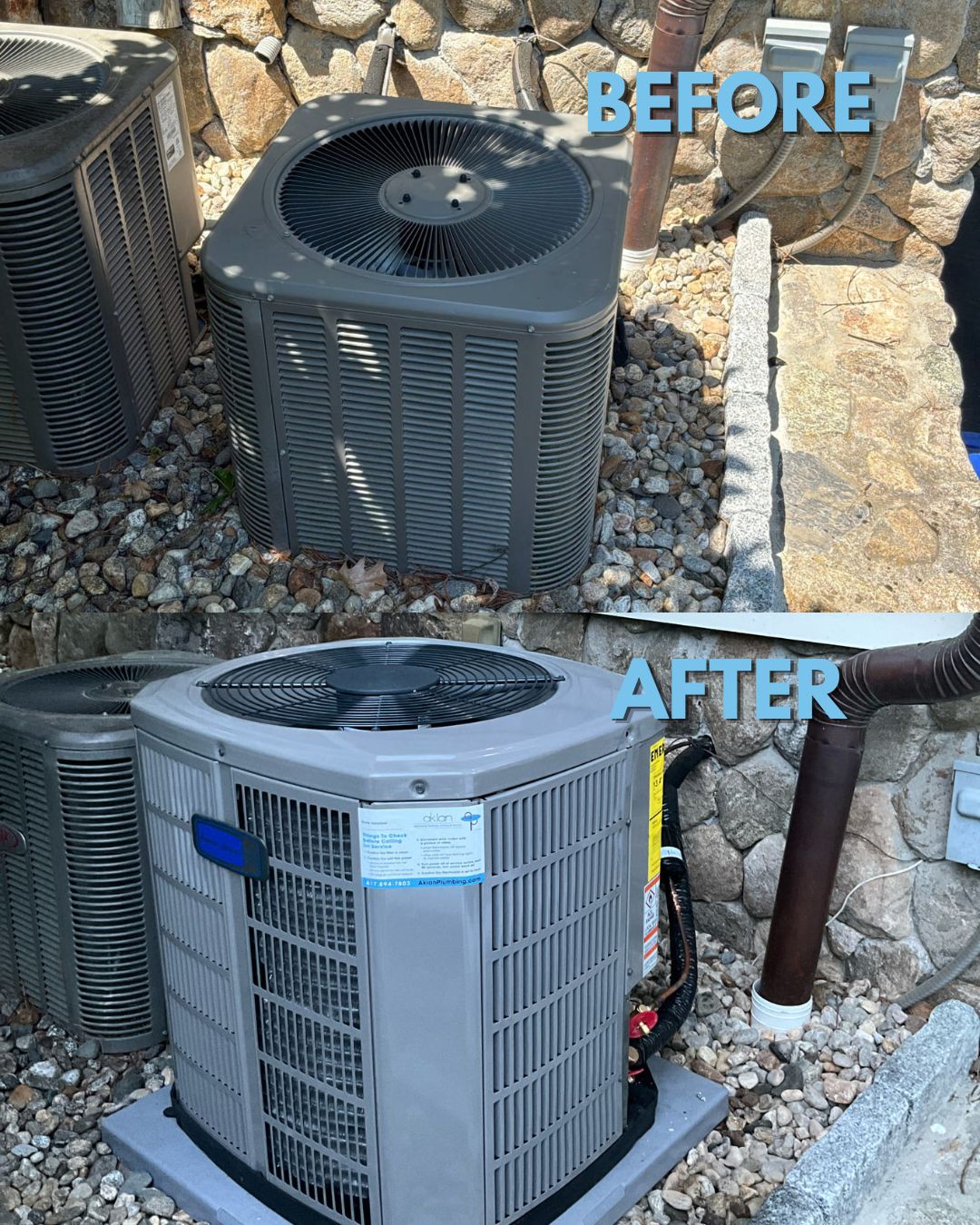 Akian Plumbing, Heating, Cooling & Electric replaced an old condenser with a cleaner, modern unit to boost reliability and home comfort.