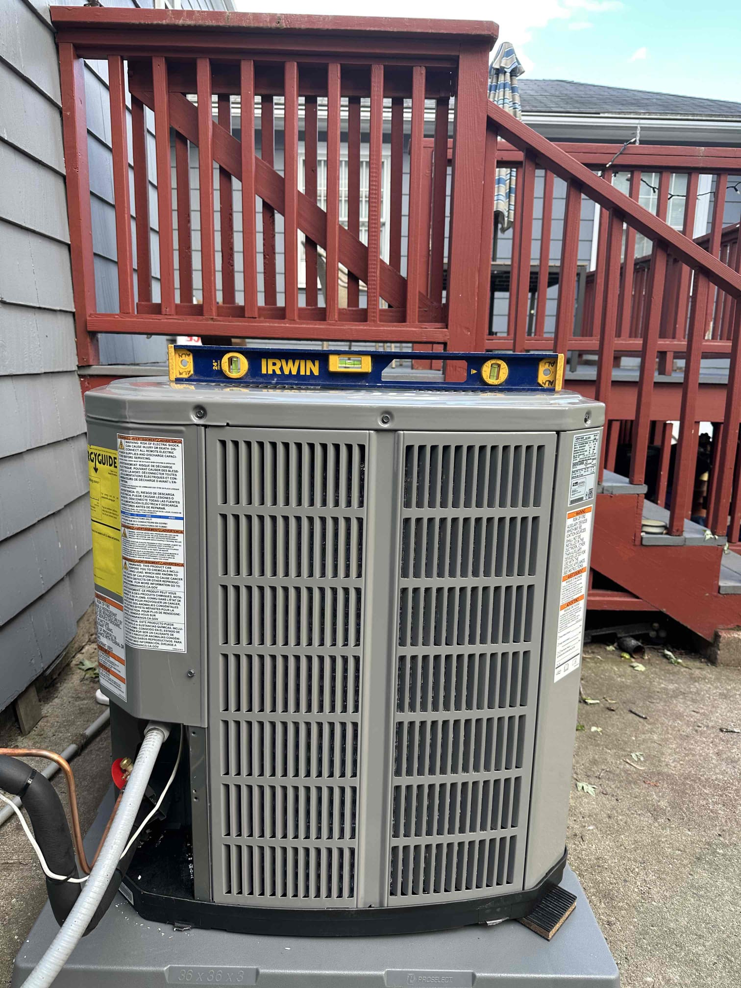 Akian Plumbing, Heating, Cooling & Electric professionally leveled this outdoor condenser for reliable performance and long lasting comfort.