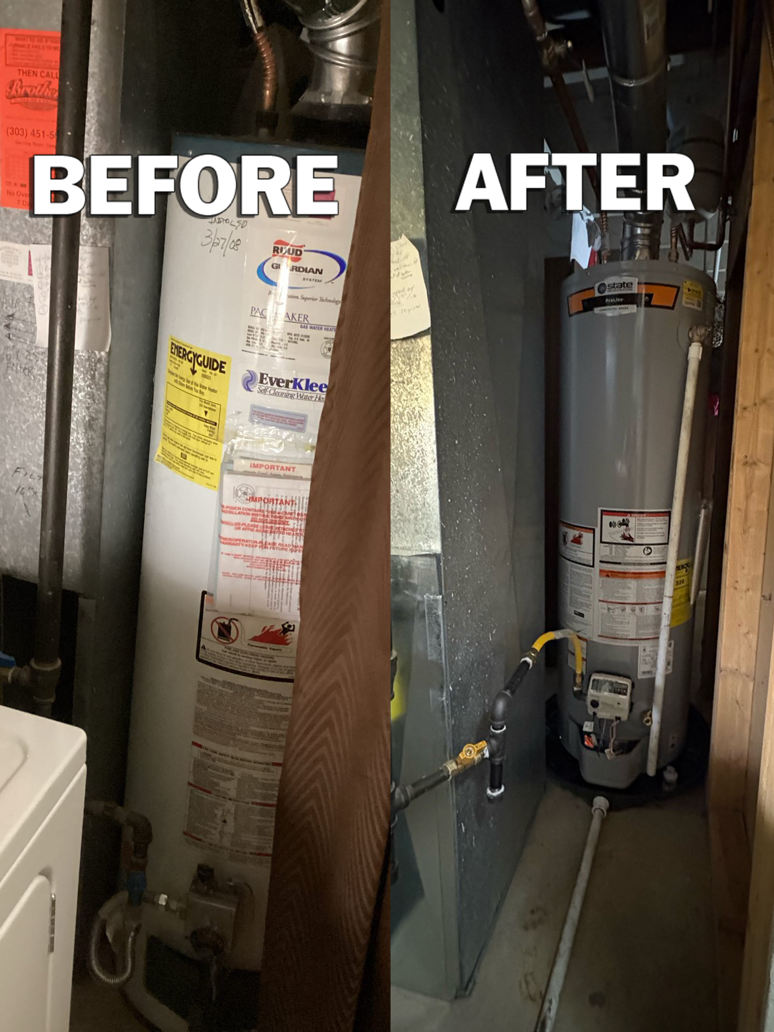 Showcasing reliable replacement work, Brothers Plumbing, Heating, and Electric - Denver upgraded this aging water heater for improved safety and performance.