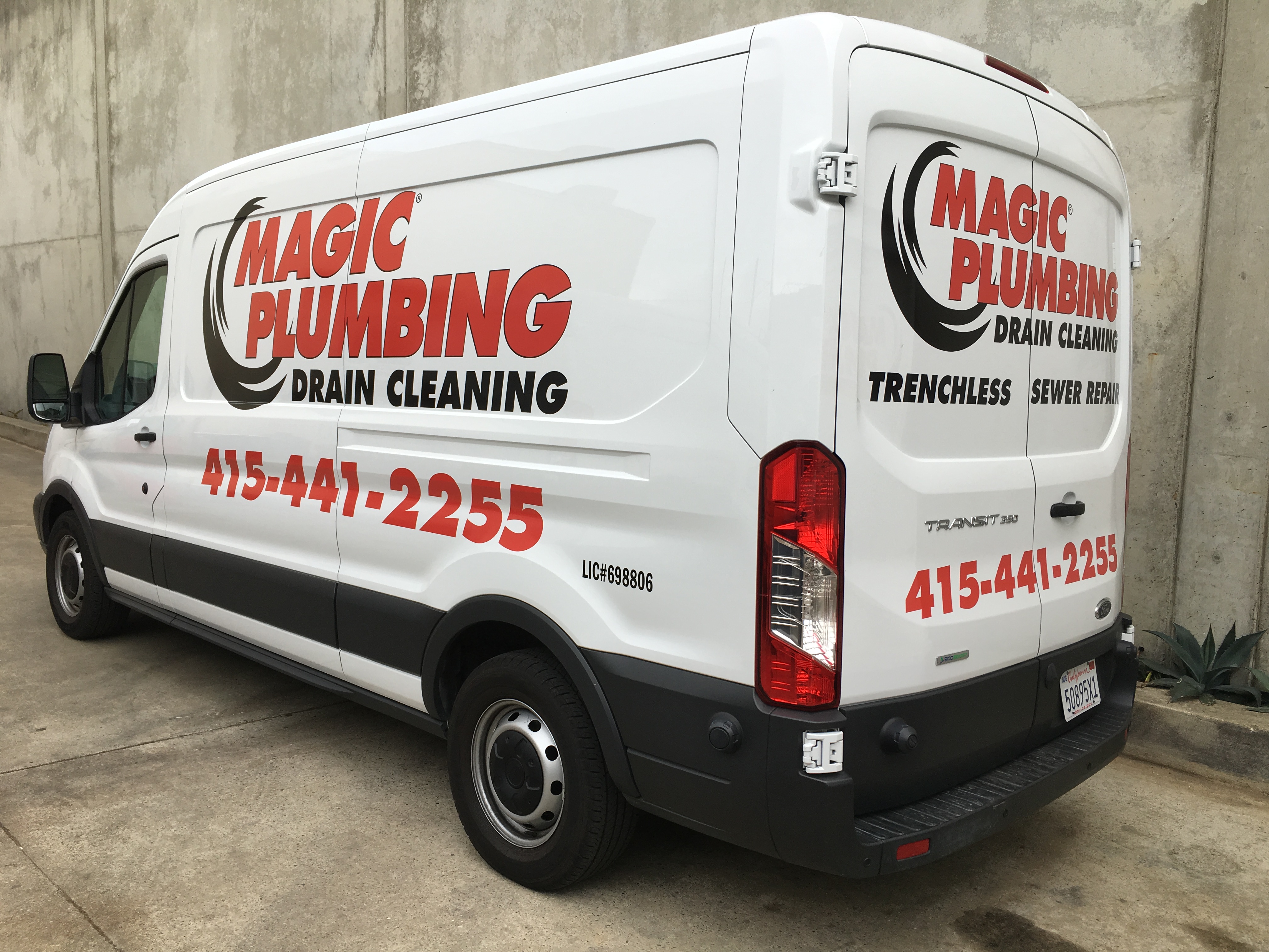 A clean, branded service van shows Magic Plumbing Heating & Cooling ready to respond quickly for drain cleaning and sewer repair.
