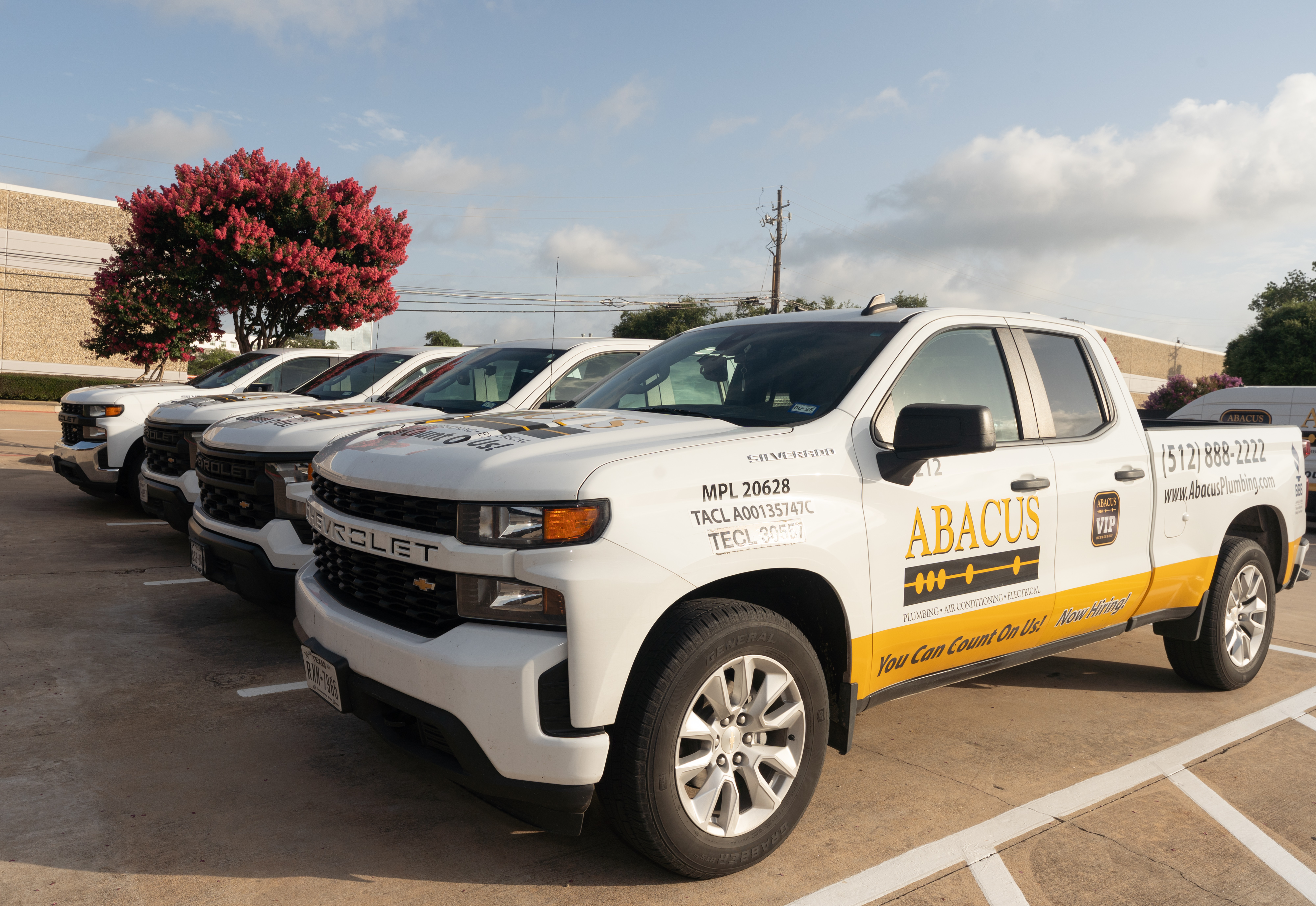 A dependable fleet ready to serve your home, Abacus Plumbing, Air Conditioning, & Electrical shows professionalism and prompt response.