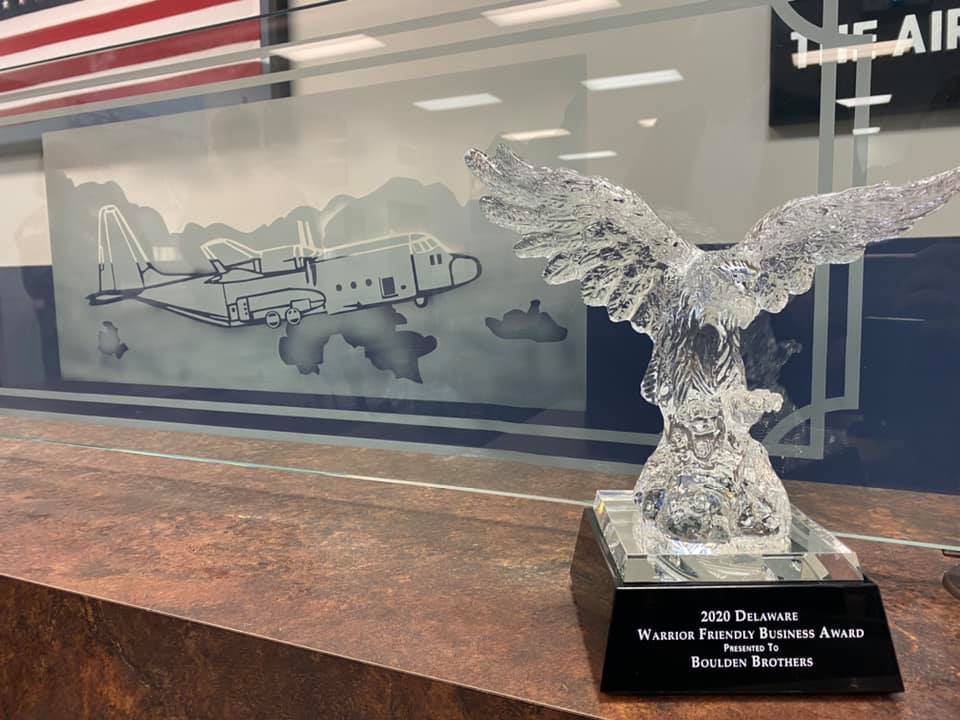 Boulden Brothers proudly showcases their dedication to excellence with a 2020 Delaware Warrior Friendly Business Award, reflecting their commitment to quality and service.