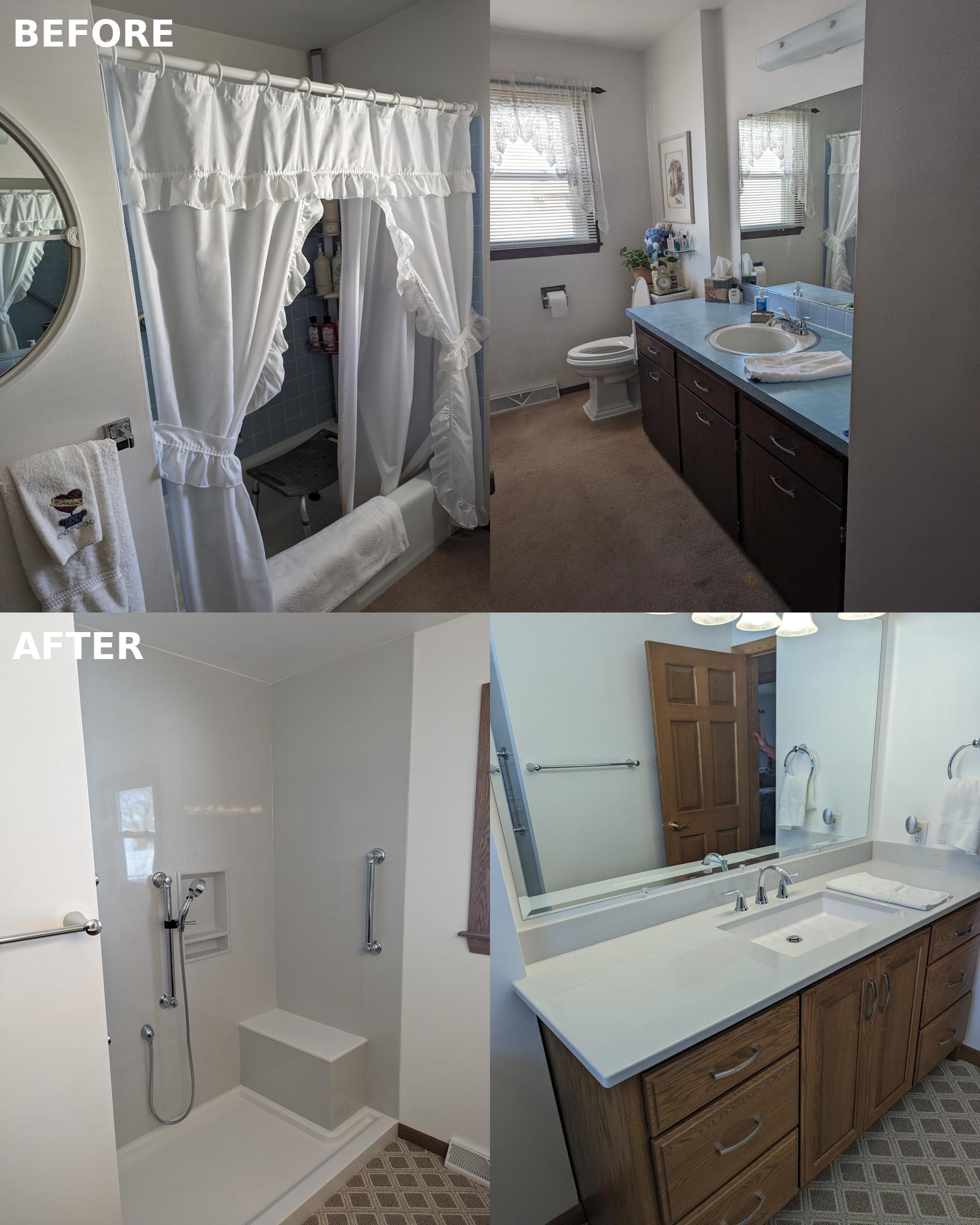 Tureks Plumbing Services transformed this bathroom with a safer, modern shower and a clean new vanity that adds lasting value.