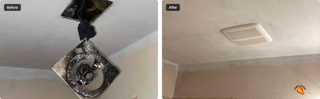 Powell Electric quickly replaced a hazardous, burned exhaust fan with a neat, safe ceiling vent to restore comfort and safety.