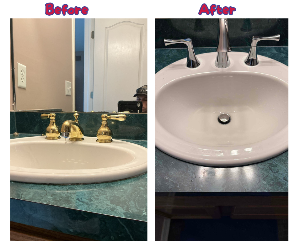 Modern chrome fixtures and careful installation refresh this bathroom sink, showcasing the craftsmanship of Mrs. Michael Plumbers, Electricians, and HVAC Technicians.