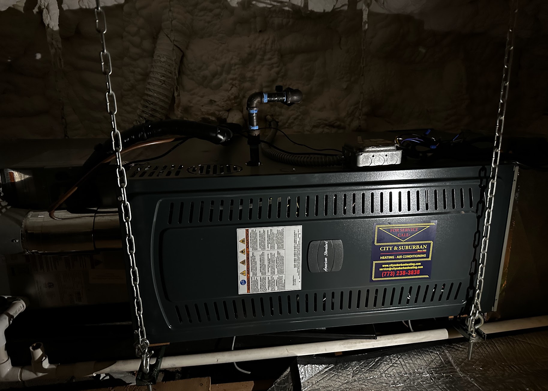 Neat attic installation and secure mounting show Oasis Heating and Cooling’s commitment to durable, professional HVAC work.