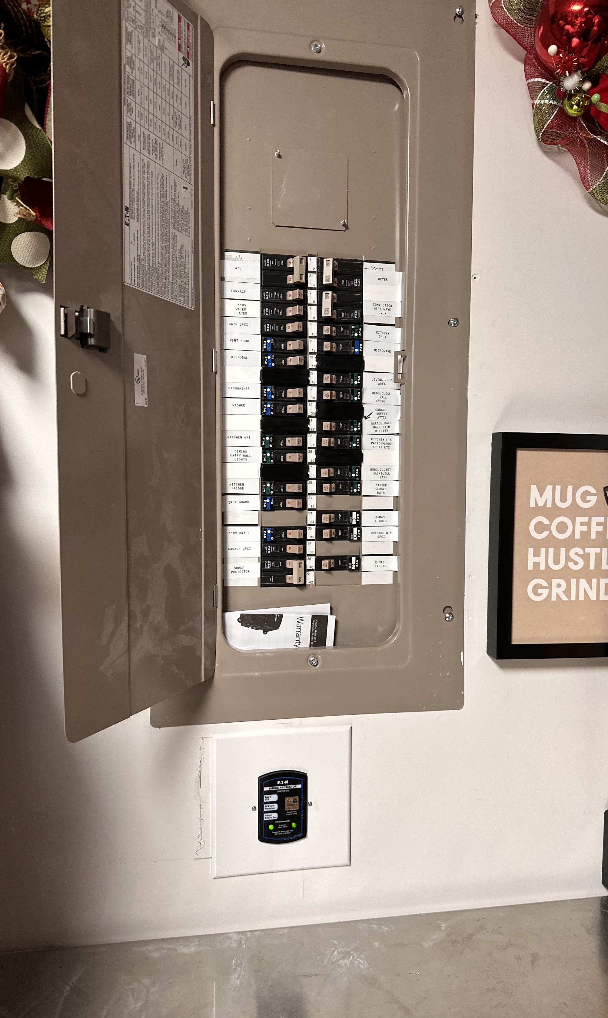 Neat, well labeled breaker work highlights the professionalism homeowners trust from Abacus Plumbing, Air Conditioning & Electrical for safe electrical service.