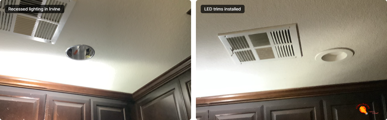 Powell Electric updated recessed LED lighting with careful installation and clean finishing to brighten and modernize this kitchen space.