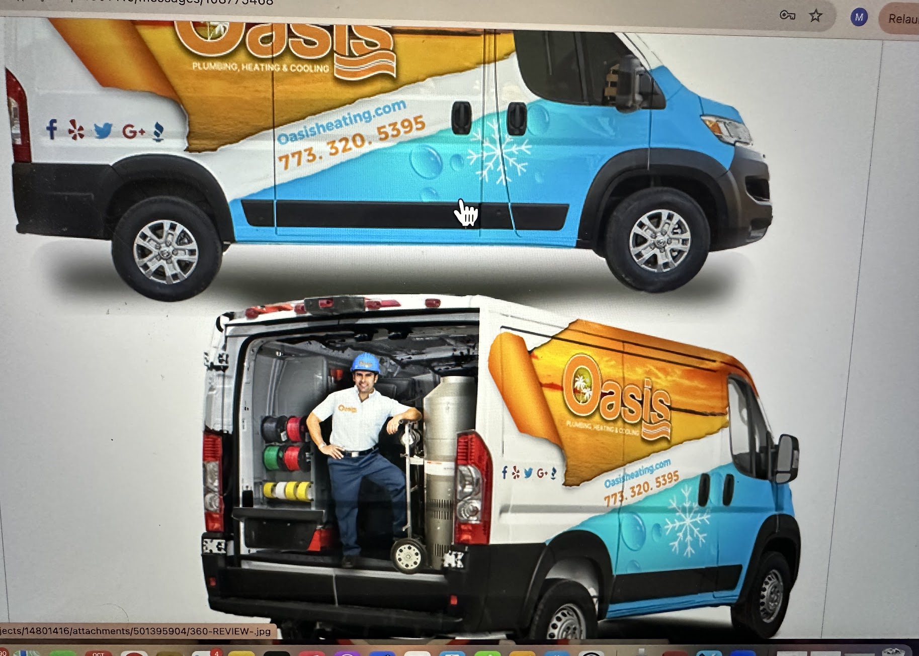 A well-equipped technician and eye-catching van wraps show Oasis Heating and Cooling’s commitment to reliable, professional service.