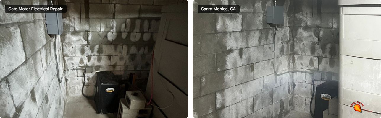 Powell Electric restored reliable gate motor operation in a damp basement, showcasing careful workmanship and durable electrical repairs.
