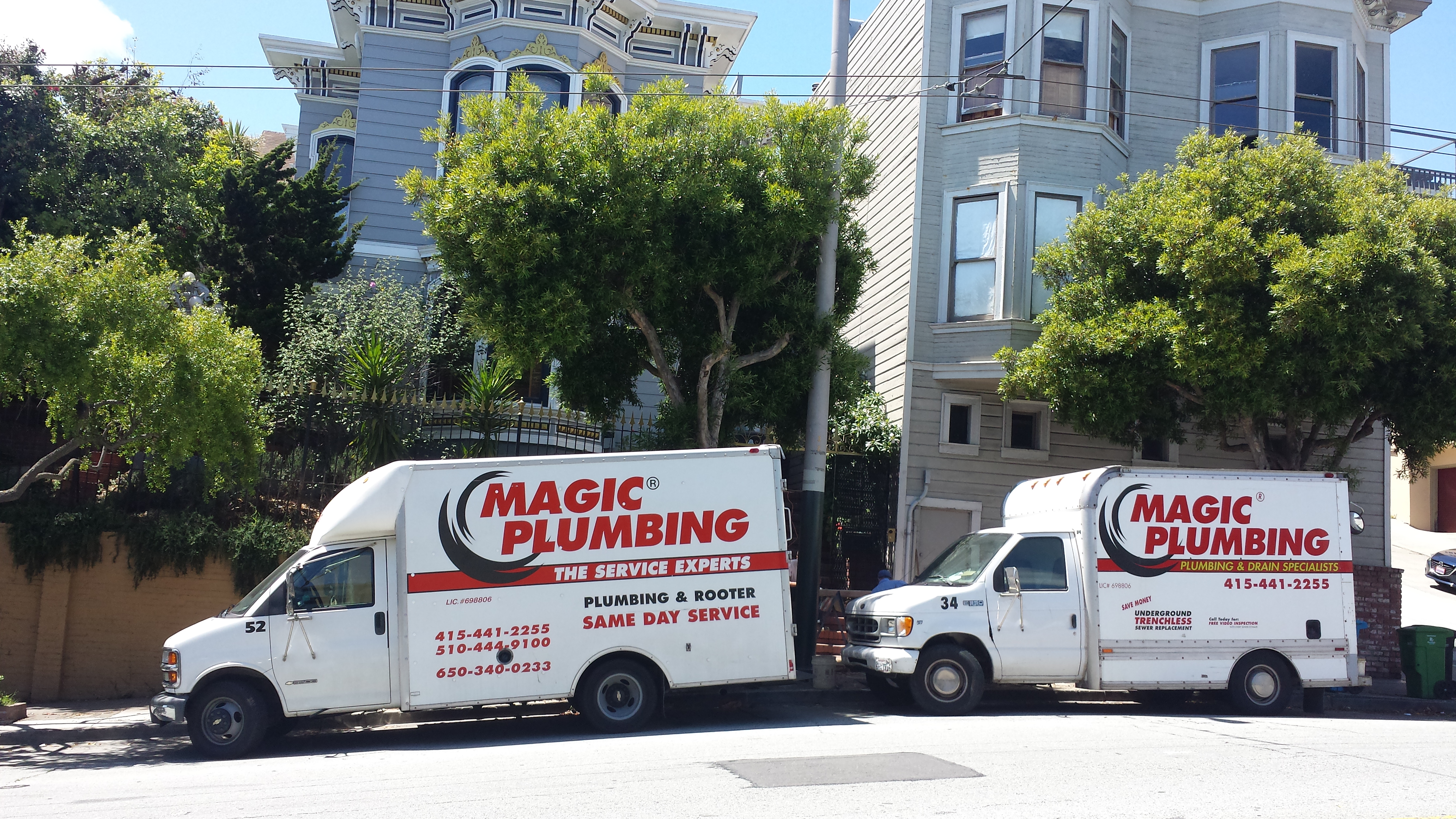 Reliable local service shown on well branded trucks, Magic Plumbing Heating & Cooling makes same day residential plumbing solutions easy.