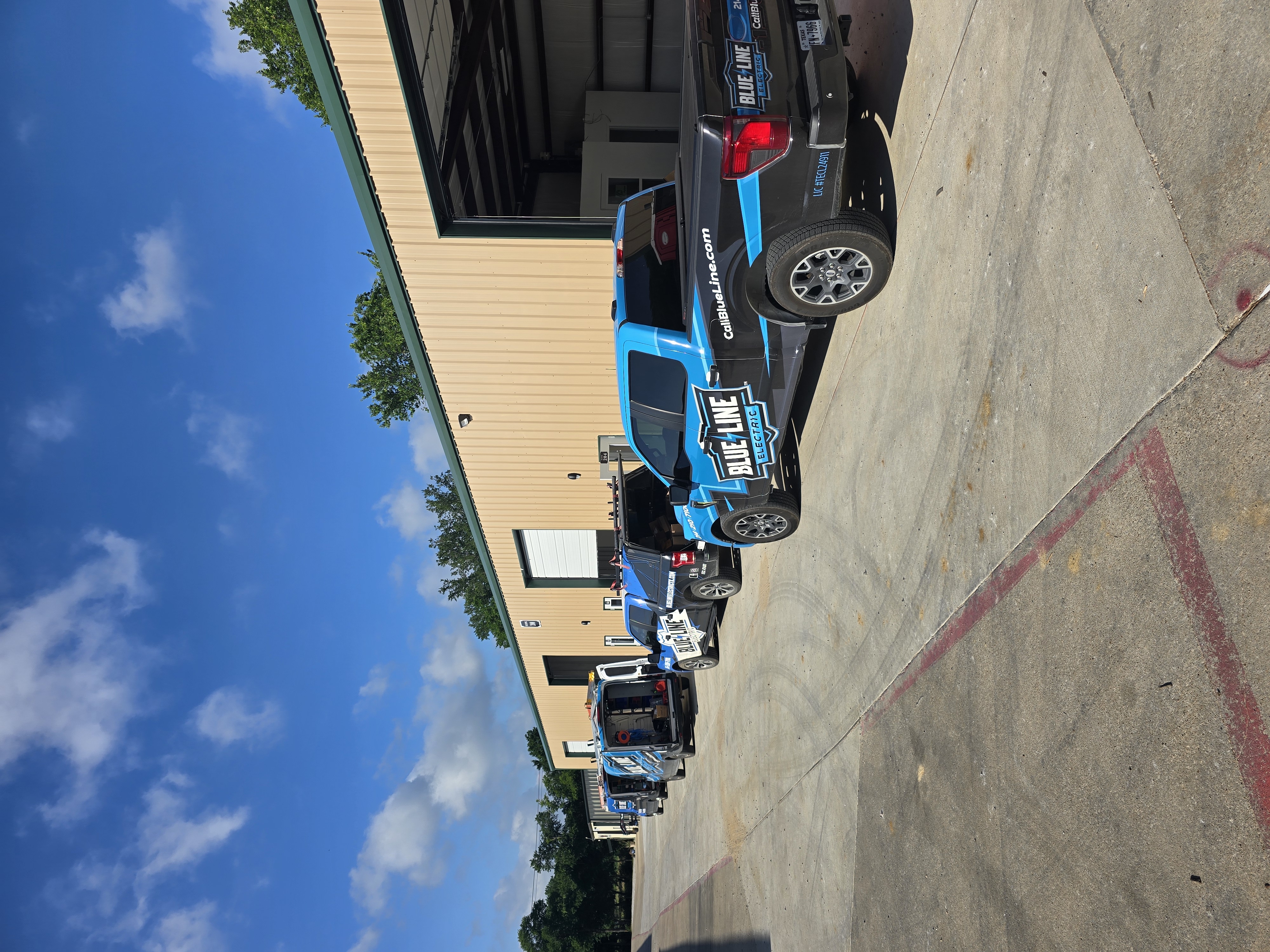 Blue Line Electric’s branded service fleet and tidy shop convey dependable, professional workmanship and fast on-site response.
