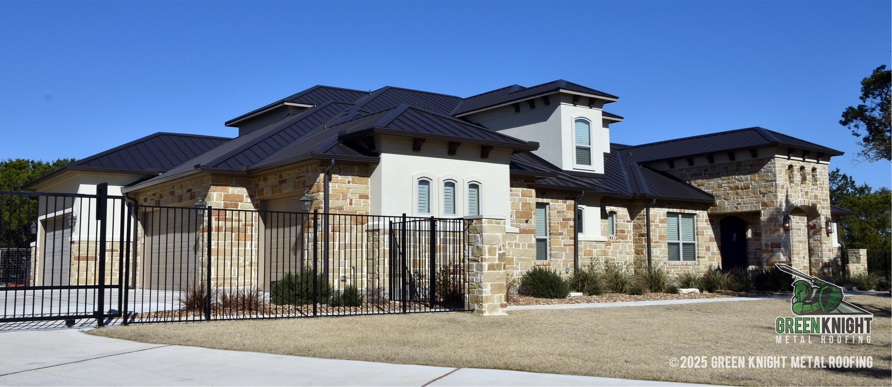 Green Knight® Metal Roofing brings sophistication and durability to your home, as seen in this stunning metal-roofed residence.