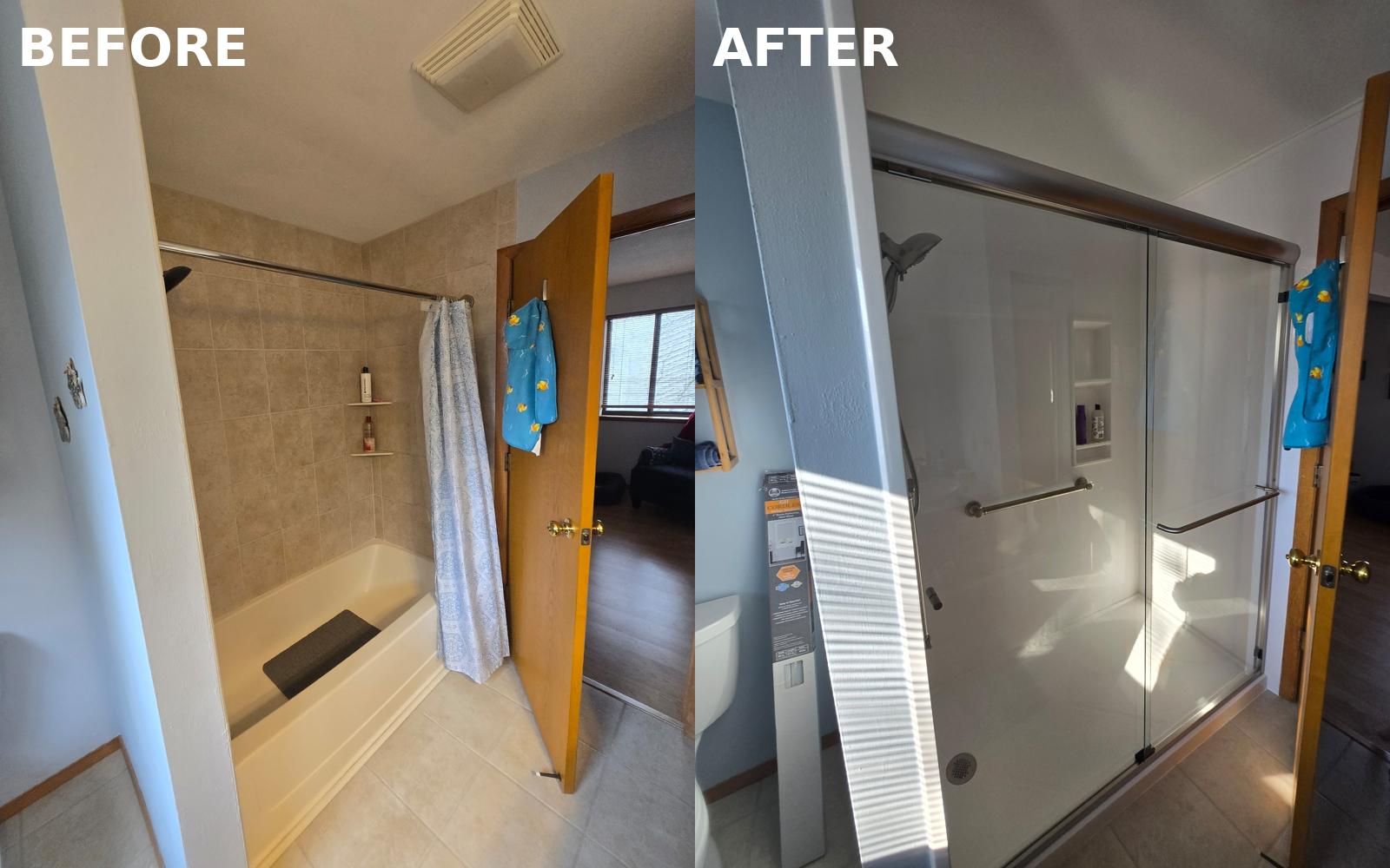A modern walk-in shower replacement by Tureks Plumbing Services showcases improved accessibility, clean installation, and lasting quality.
