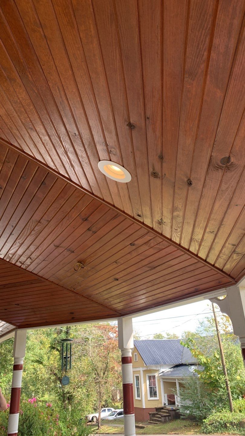 A beautifully finished porch ceiling with professional recessed lighting shows the craftsmanship homeowners trust from C&T Electric LLC.
