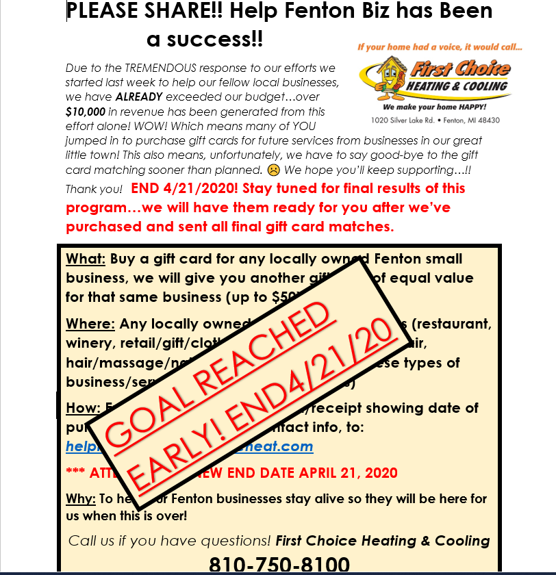 Support your local businesses with First Choice Heating & Cooling. Join our successful gift card program to help make your town better!